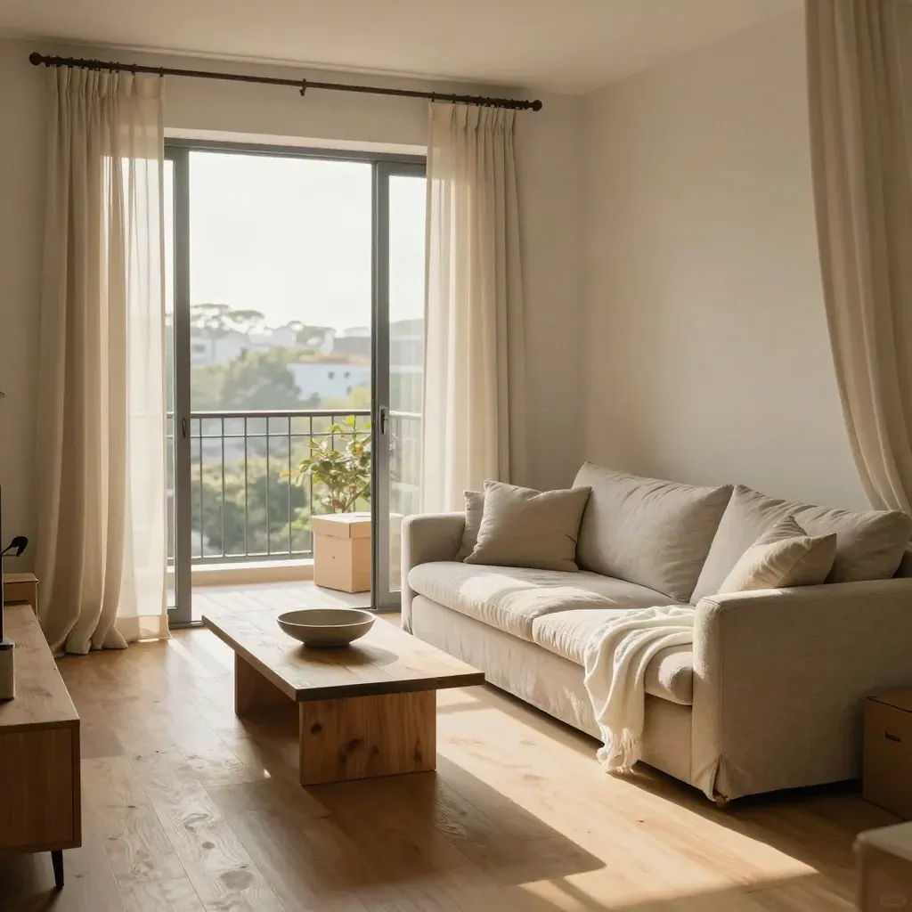 Sala de apartamento pronta após a mudança, com sofá, almofadas e caixas organizadas.