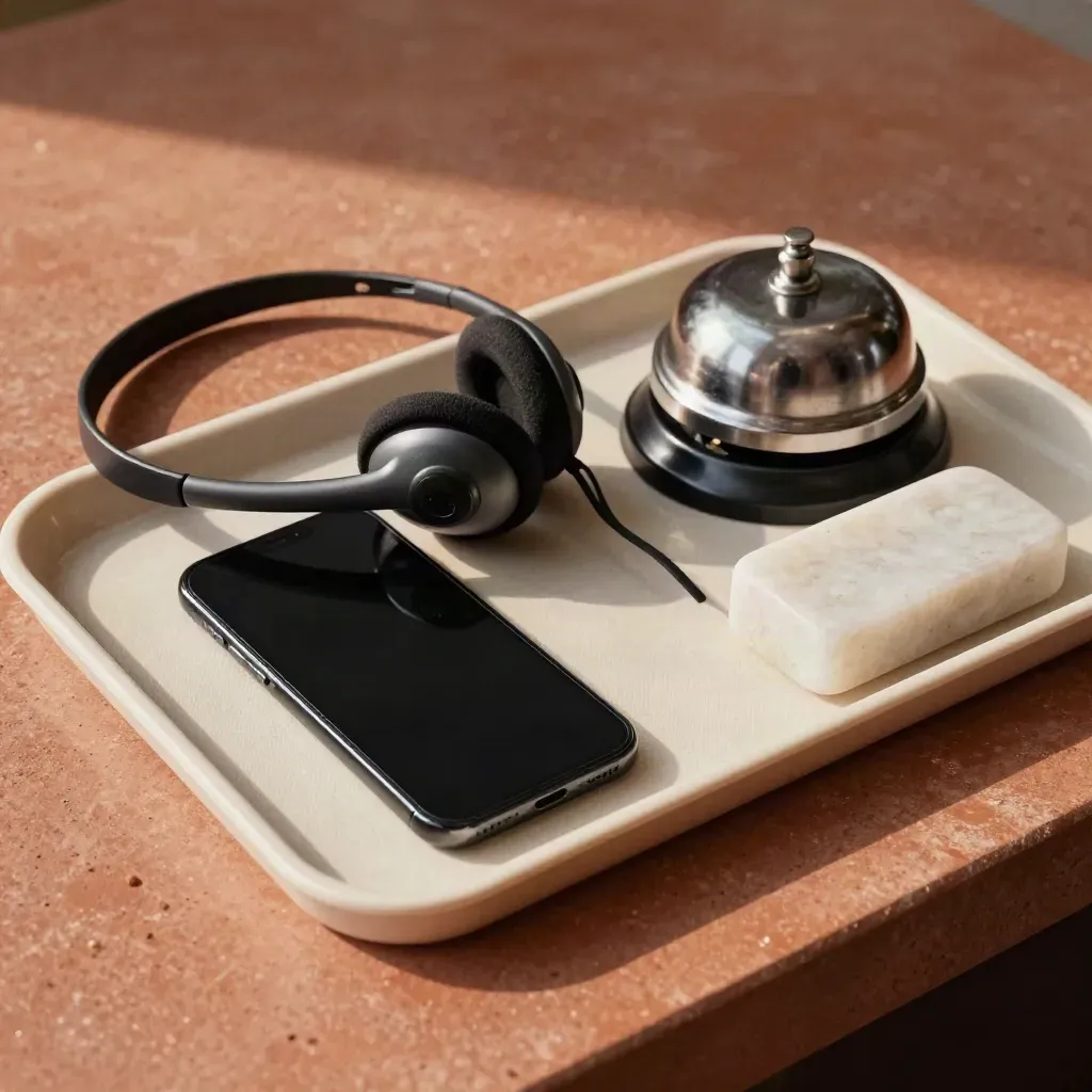Trio de atendimento com celular, headset e campainha sobre bandeja de pedra.