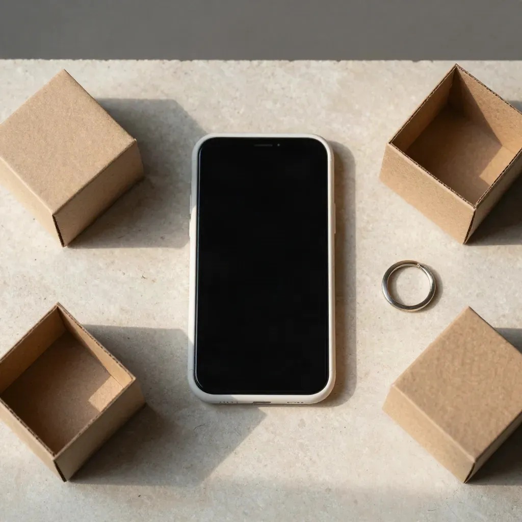 Smartphone, cubos de papelão e chaveiro em flatlay limpo para orçamento rápido.