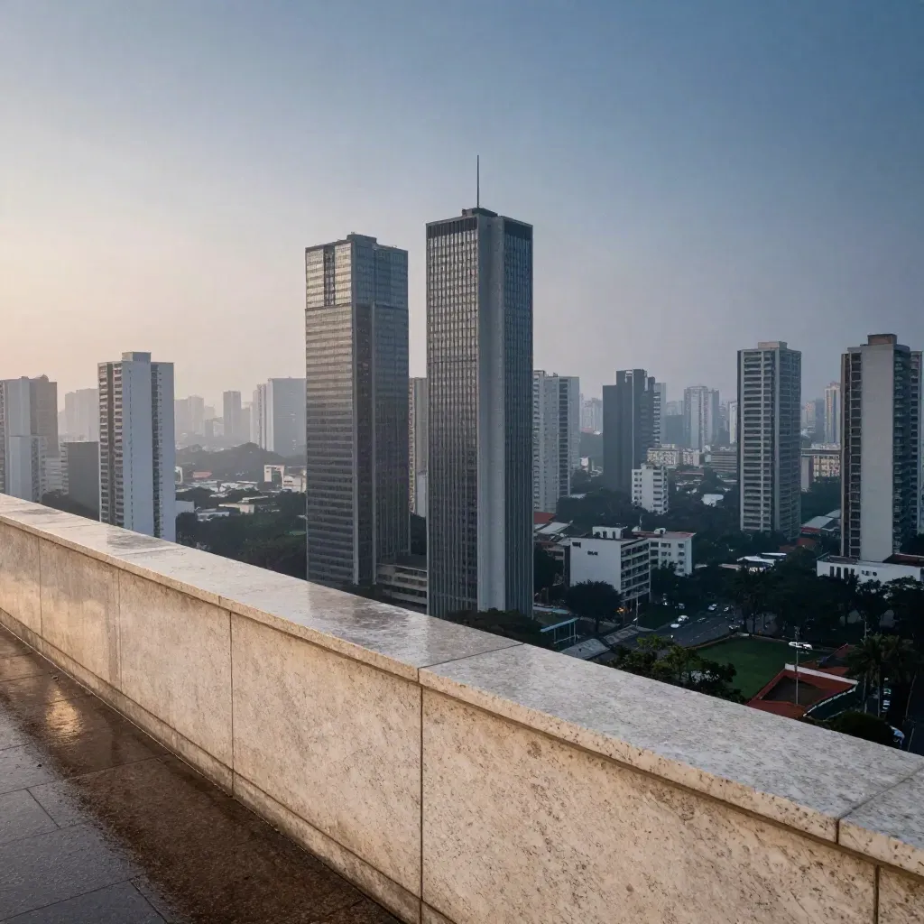 Skyline de São Paulo ao entardecer, vista elevada com névoa úmida e luz azul suave.